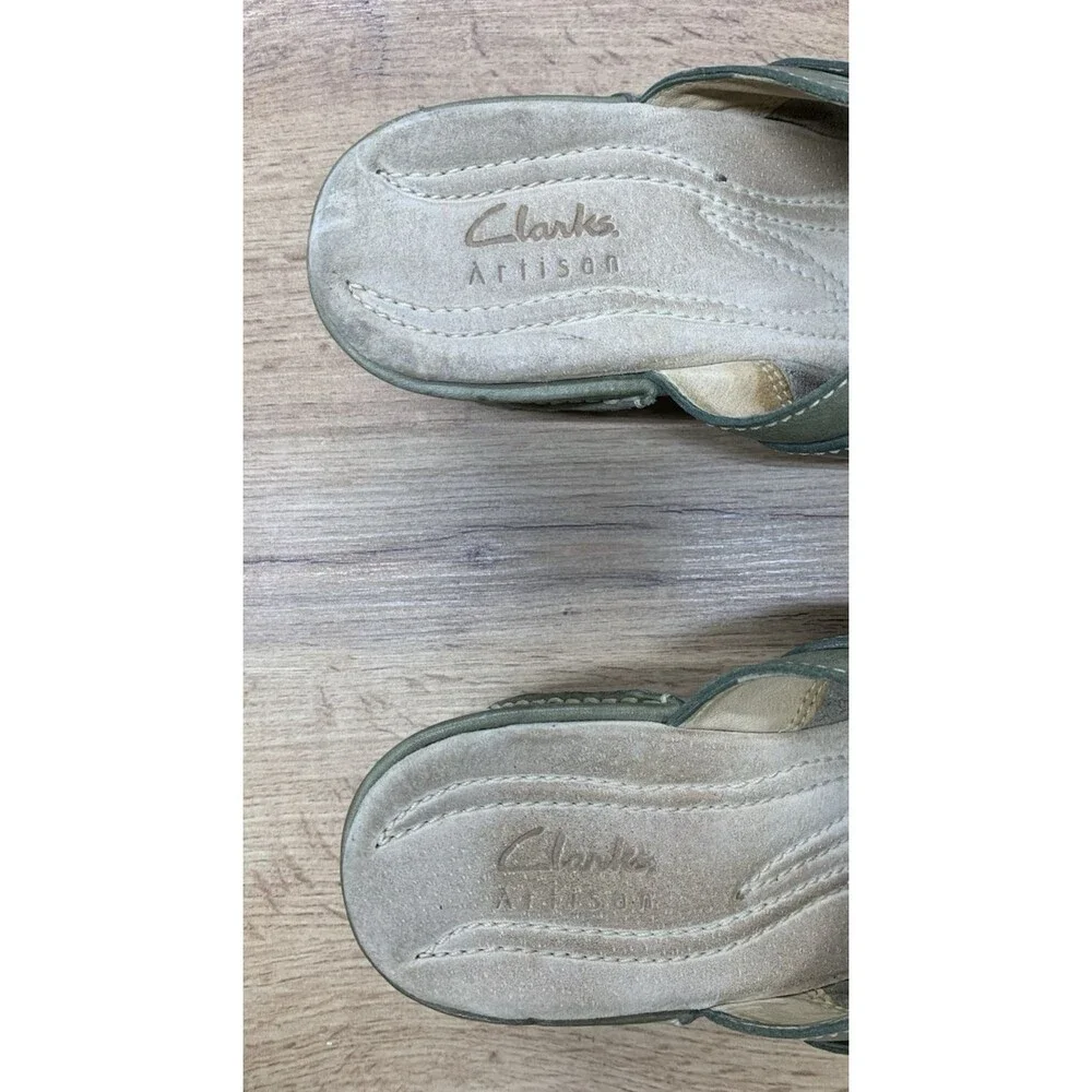 Clarks Artisan Leather Wedge Mule Clogs Women's 9M Olive Green Comfort Slip On